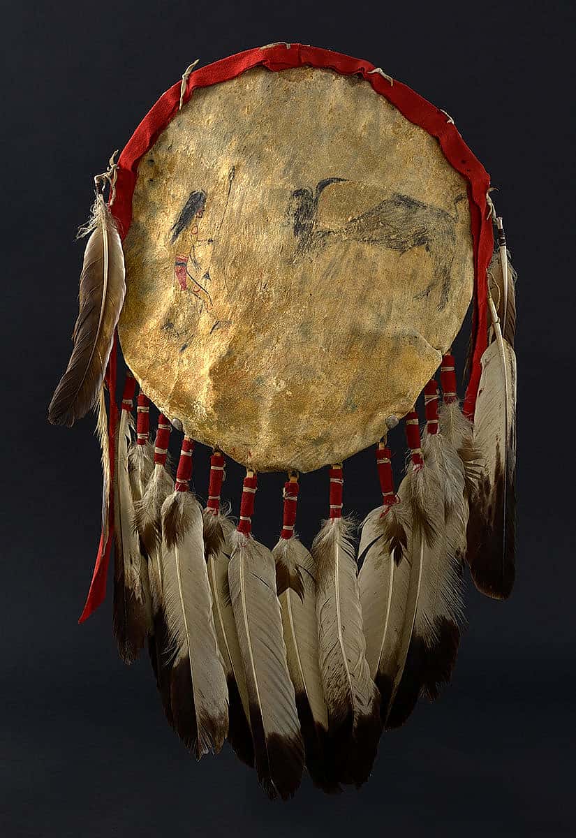 Shield cover depicting man with spear and a buffalo, ca. 1850. The Paul Dyck Plains Indian Buffalo Culture Collection, acquired through the generosity of the Dyck family and additional gifts of the Nielson Family and the Estate of Margaret S. Coe. NA.108.141