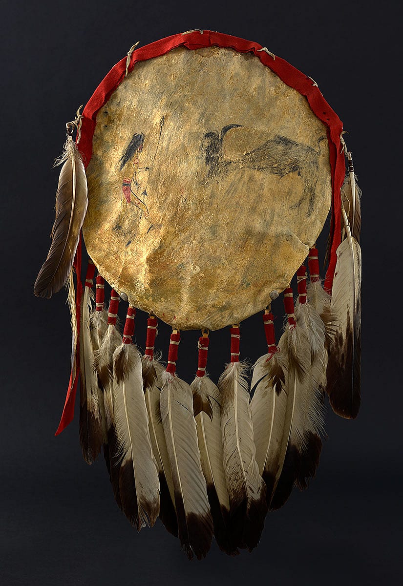 Shield cover depicting man with spear and a buffalo, ca. 1850. The Paul Dyck Plains Indian Buffalo Culture Collection, acquired through the generosity of the Dyck family and additional gifts of the Nielson Family and the Estate of Margaret S. Coe. NA.108.141