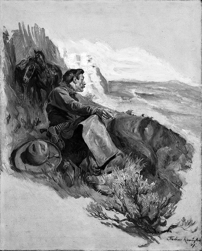 Unknown forger, modified work by John Marchand, "All at Once She Looked up at Him." Submitted for examination in 2004 as a possible work by Remington. Image provided by the Remington catalogue raisonné.
