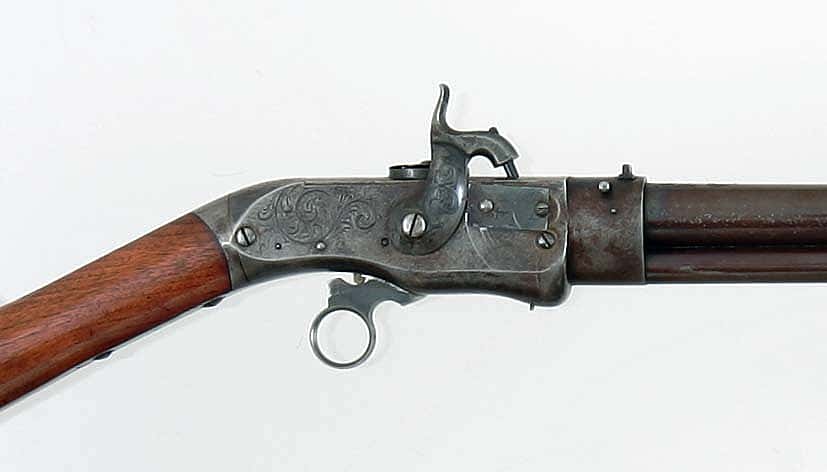 Detail of engraving. Oliver Winchester's Jennings 2nd Model Sporting rifle, serial number 28. Gift of Olin Corporation, Winchester Arms Collection. 1988.8.151