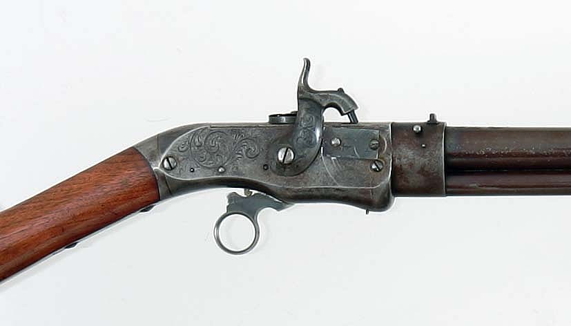 Detail of engraving. Oliver Winchester's Jennings 2nd Model Sporting rifle, serial number 28. Gift of Olin Corporation, Winchester Arms Collection. 1988.8.151