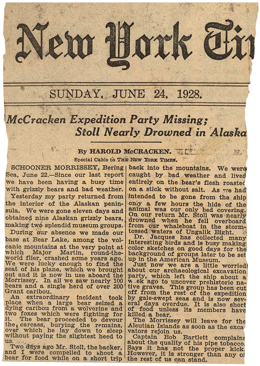 One of Harold McCracken's dispatches appearing in the "New York Times," June 24, 1928. MS 305 Harold McCracken Photograph Collection, McCracken Research Library. MS305.02.023