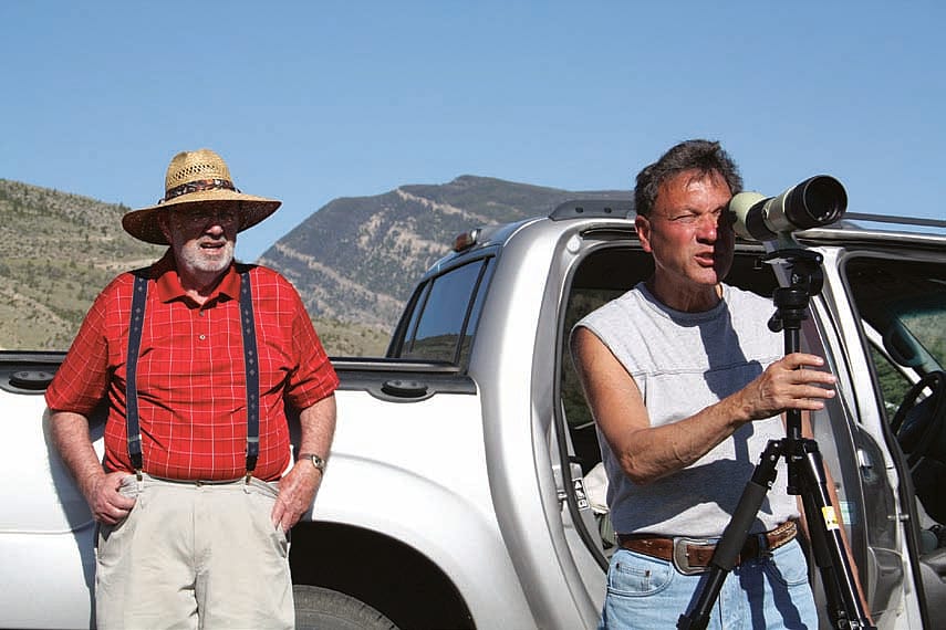 Posse members Don Chaffey (red shirt and hat) and Richard Gruber keep a close eye on their adopted nest.