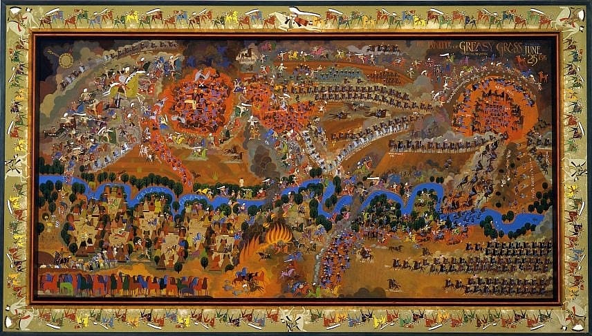 The Battle of Greasy Grass, Allan Mardon, 1996. Oil on linen, 76 x 136 inches. Museum Purchase with funds from the William E. Weiss Memorial Fund, Mr. and Mrs. Gordon H. Barrows, and the Franklin A. West Memorial Fund. L6.01