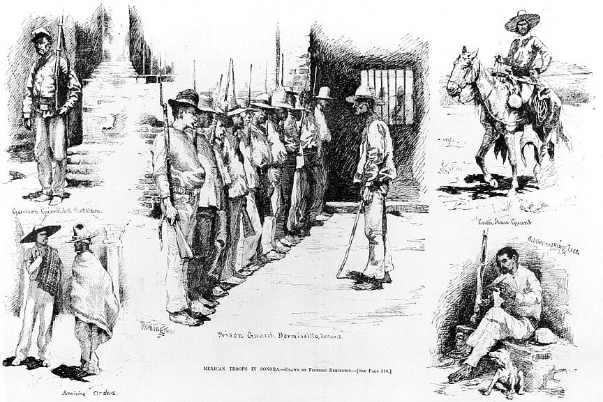 Figure 5. Frederic Remington (1861-1909). Mexican Troops in Sonora, 1886. Harper's Weekly (August 7, 1886), line engraving. (CR# 00048)