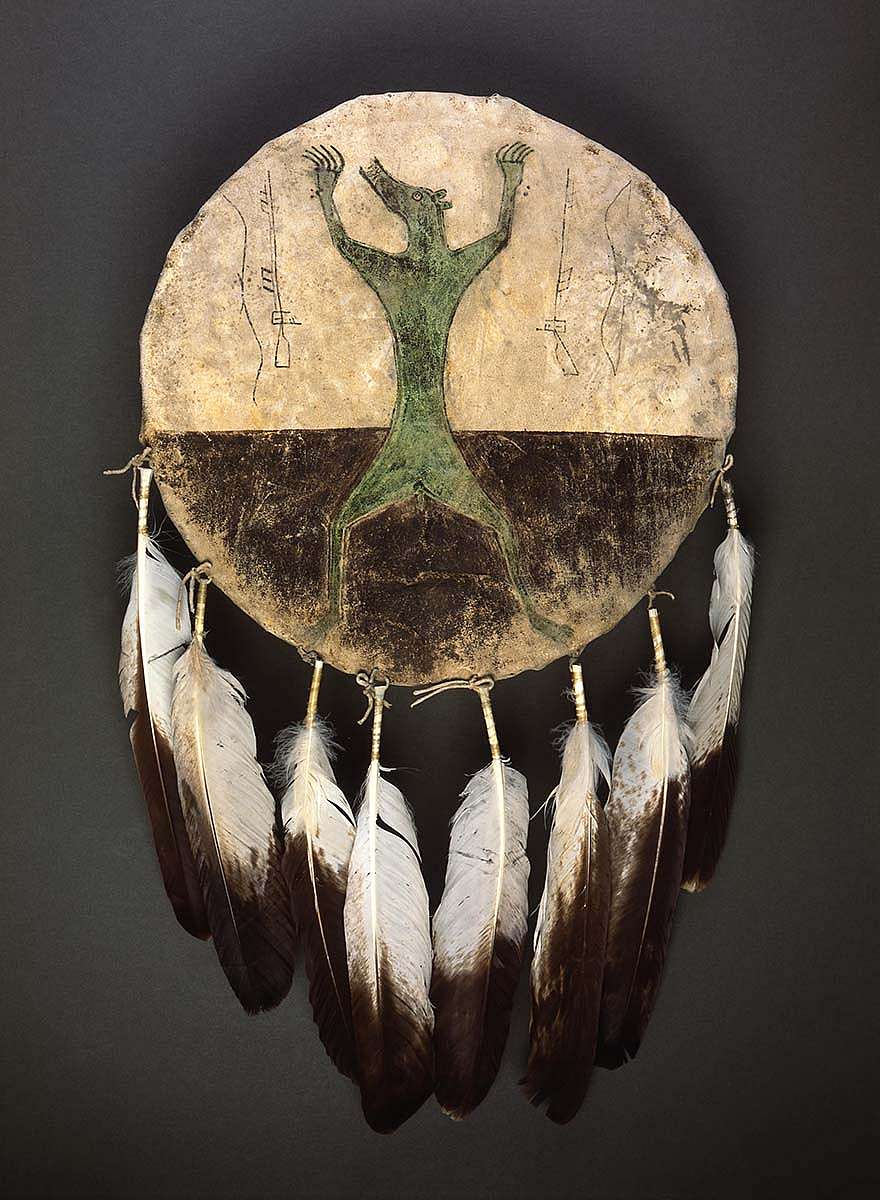 Plains Indian tribes recognize the grizzly bear as one of the most revered and powerful "four-leggeds." Northern Plains Hidatsa deer hide shield cover with image of grizzly bear. Adolf Spohr Collection. Gift of Larry Sheerin. NA.108.17