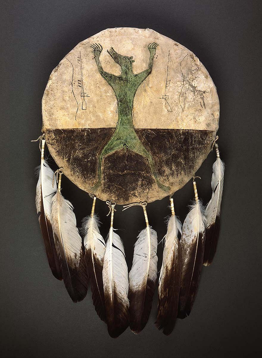 Plains Indian tribes recognize the grizzly bear as one of the most revered and powerful "four-leggeds." Northern Plains Hidatsa deer hide shield cover with image of grizzly bear. Adolf Spohr Collection. Gift of Larry Sheerin. NA.108.17
