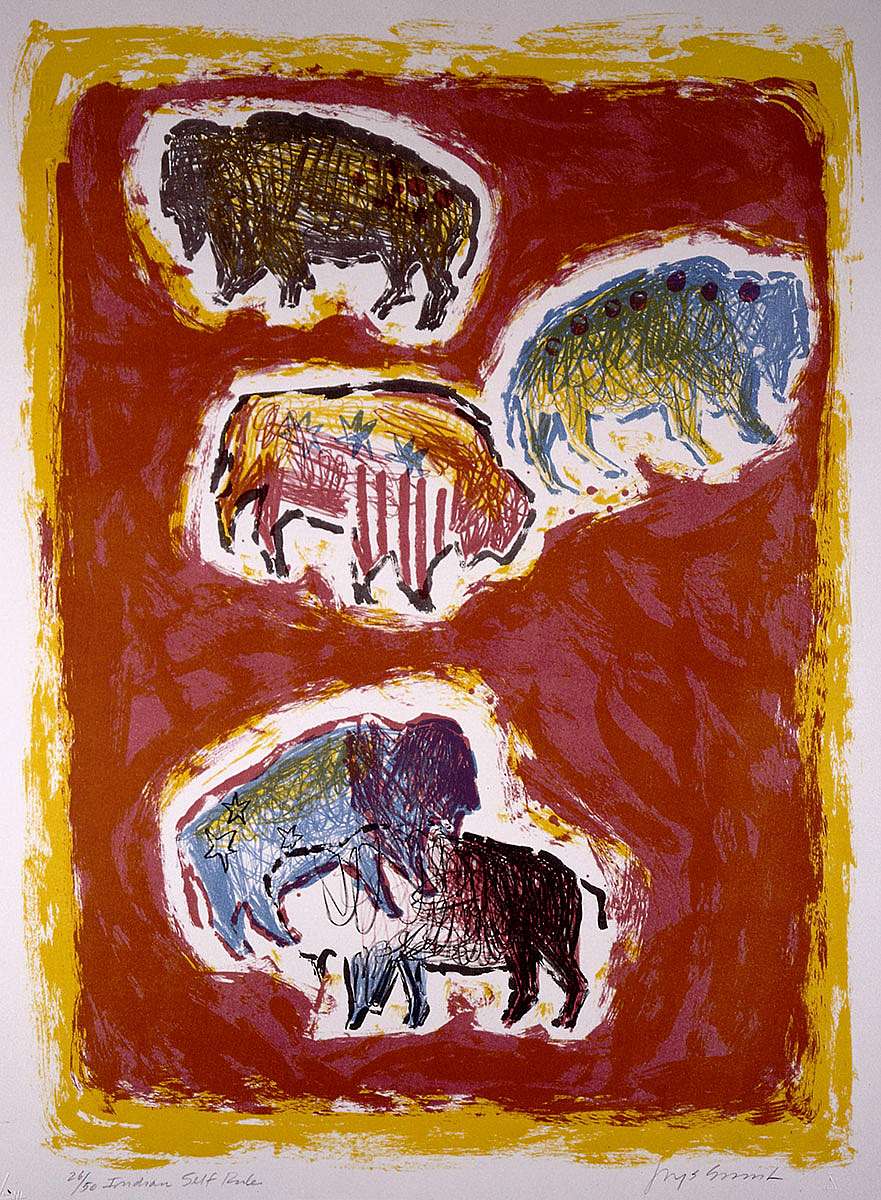 Jaune Quick-to-See Smith (b. 1940). Five Buffalo, 1983. Lithograph on paper, 28 x 20 inches. Gift of Mrs. Damaris D.W. Ethridge. 1.84.3