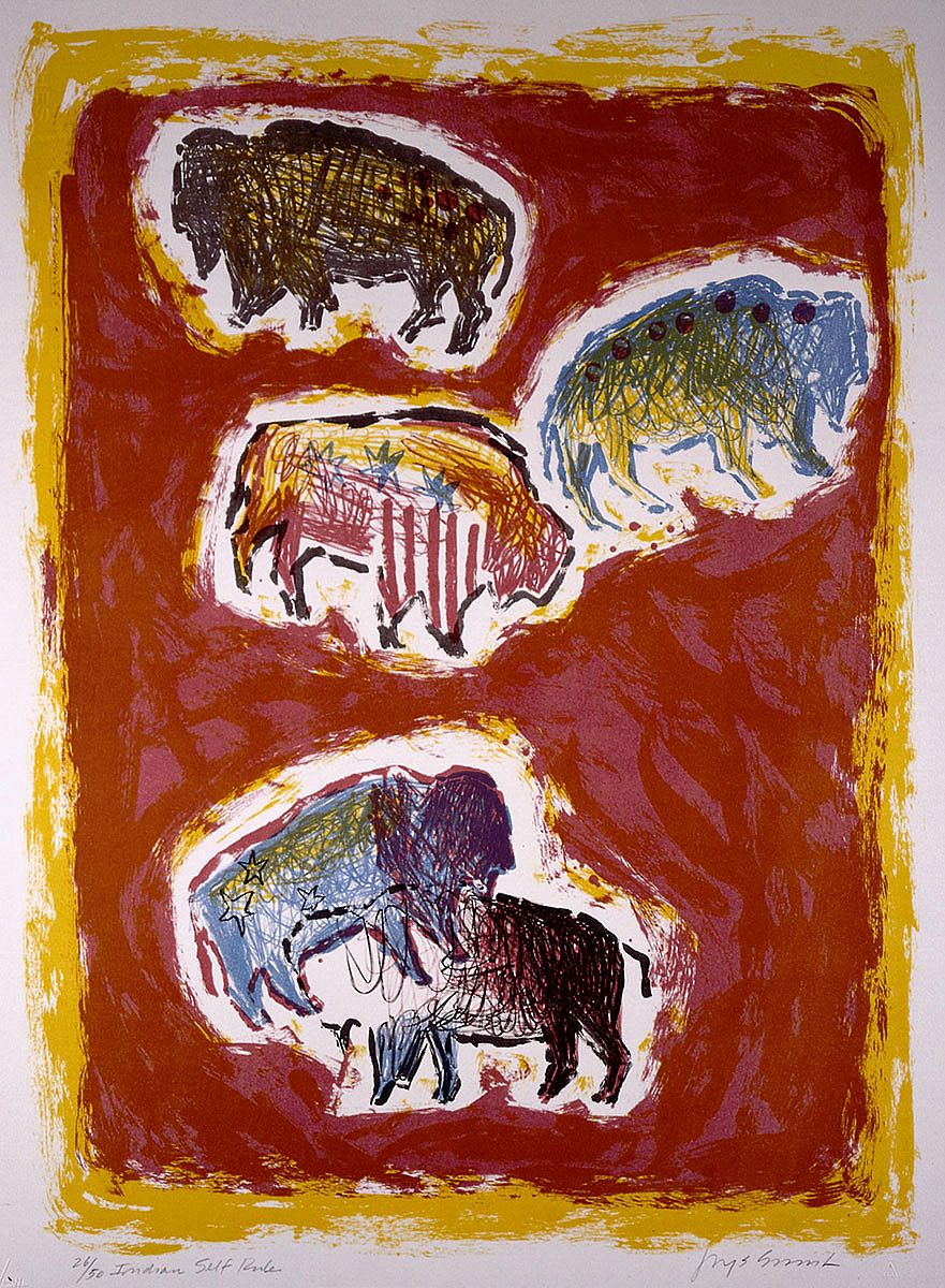 Jaune Quick-to-See Smith (b. 1940). Five Buffalo, 1983. Lithograph on paper, 28 x 20 inches. Gift of Mrs. Damaris D.W. Ethridge. 1.84.3