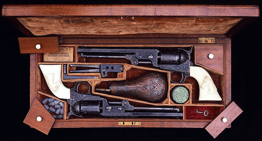 Cased Colt Model 1851 Navy Revolvers attributed to Colonel Colt. Gift of James H. Woods Foundation. 1979.4.1