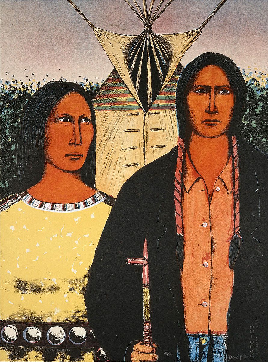 David P. Bradley (b. 1954). American Indian Gothic, 1983. Color lithograph on paper, 30 x 22.5 inches. Gift of Mrs. Damaris D.W. Ethridge. 1.84.5