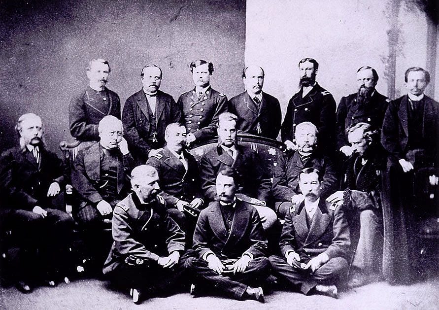 The Royal Hunting Party, 1872, included notables General Phil Sheridan (third from left, middle row), Grand Duke Alexis to Sheridan's left, General G.A. Custer (end of middle row), and Colonel M.V. Sheridan, (front row, right). Photo was taken by J. Lee Knight at Topeka, Kansas, and is believed to be the only one captured of the group. Vincent Mercaldo Collection. P.71.552