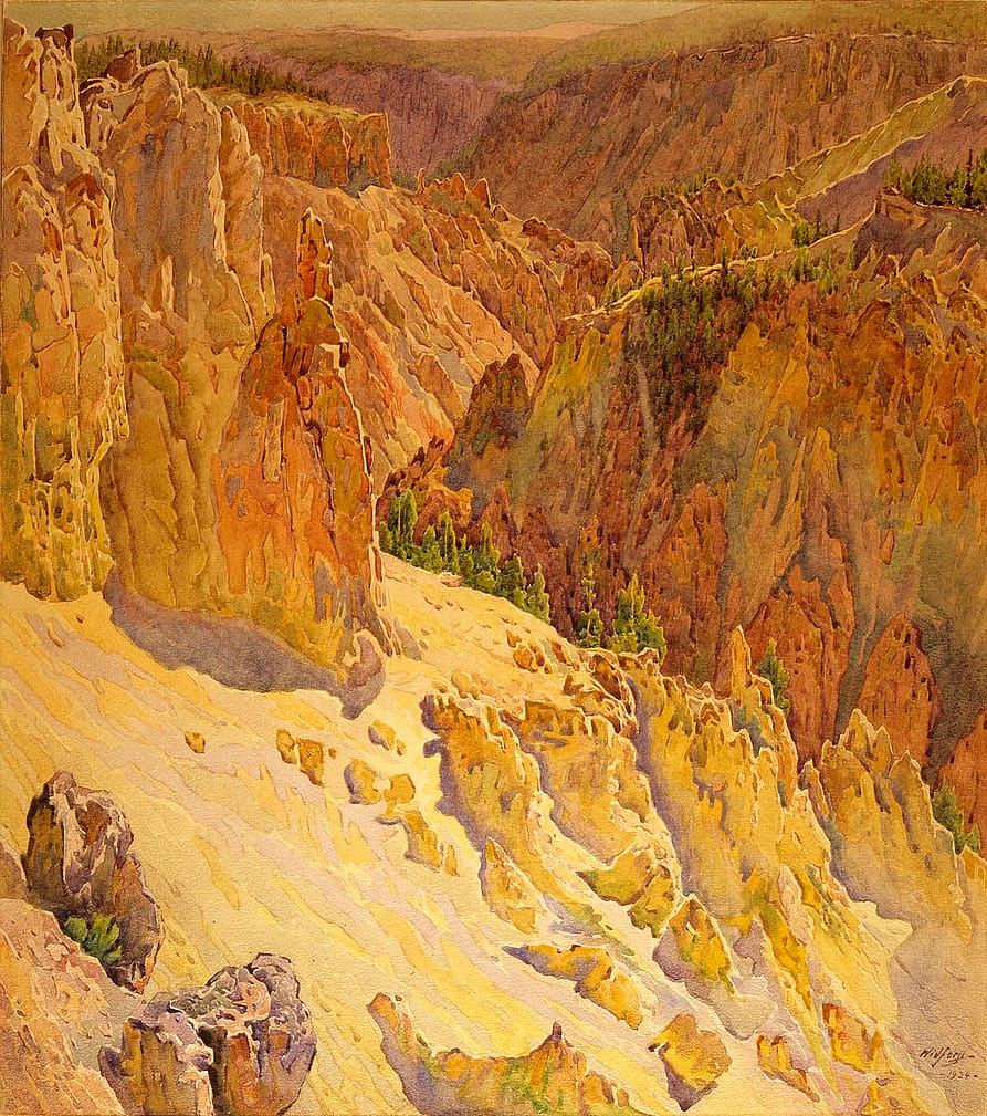 Gunnar Widforss (1879–1934). Yellowstone Canyon, 1924. Watercolor on paper, 19.75 x 17.25 inches. Gift of Mrs. Horace M. Albright. 25.61