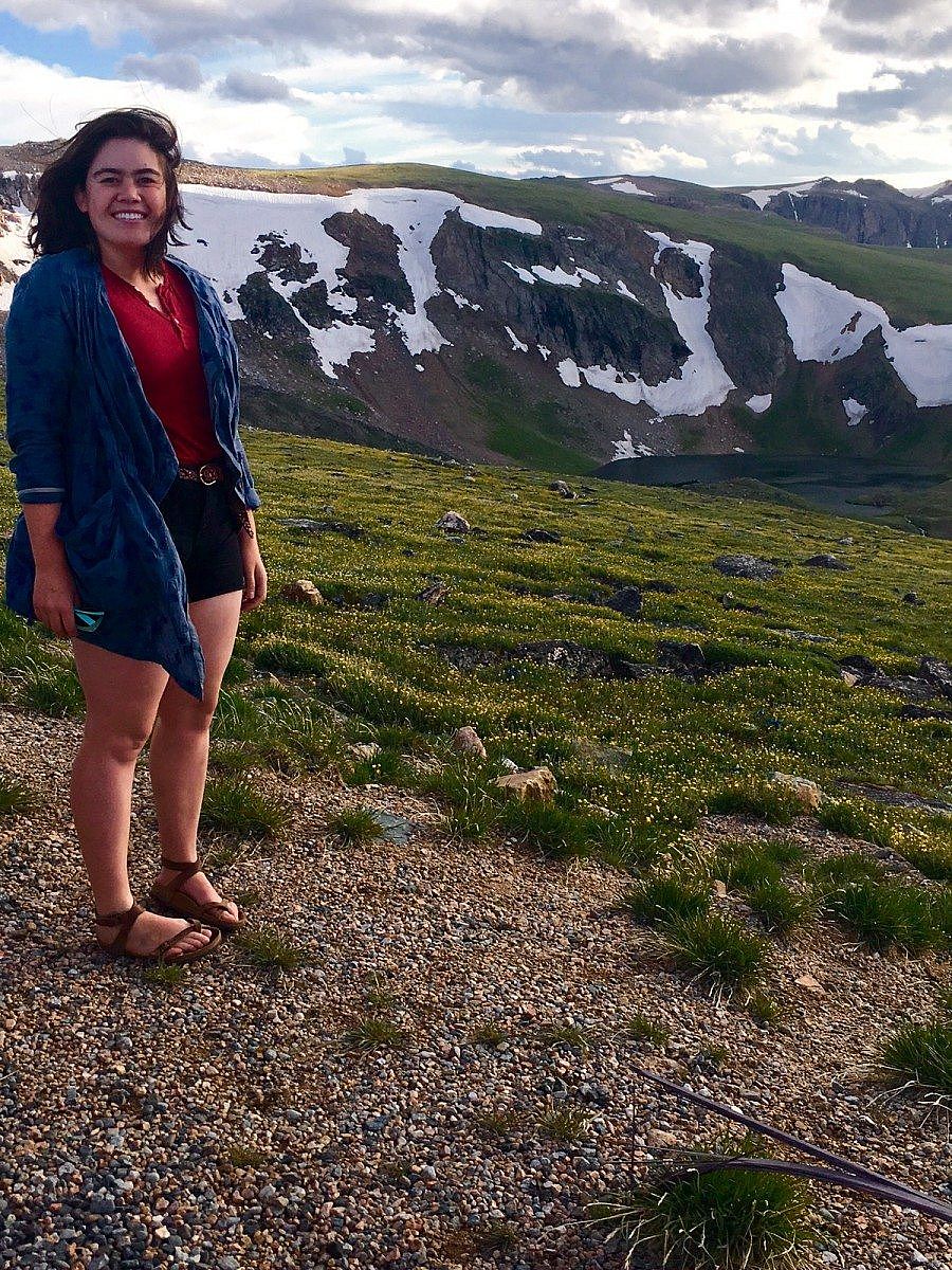 Person standing on a mountain trail with scenic views of snow-capped peaks and lush green terrain in the background.