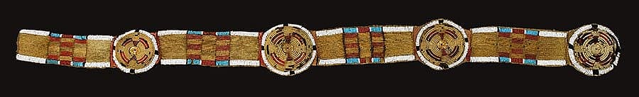 Crow/Nez Perce bison hide, quill wrapped horse hair blanket strip edged in pony and seed beads, ca. 1850. Paul Dyck Plains Indian Buffalo Culture Collection. NA.203.1483
