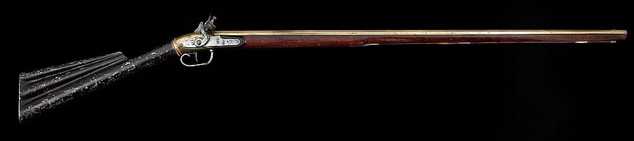 Lukens air rifle. Since Lukens was one of the most prominent American air rifle makers of the day and his estate listed an air rifle claimed to have been used by the expedition many people believed his rifle was the type carried on the journey. The buttstock serves as the air reservoir, but the rifle has no magazine and each projectile must be loaded from the muzzle. Gift of Thomas K. Hutchinson. 1993.8.103
