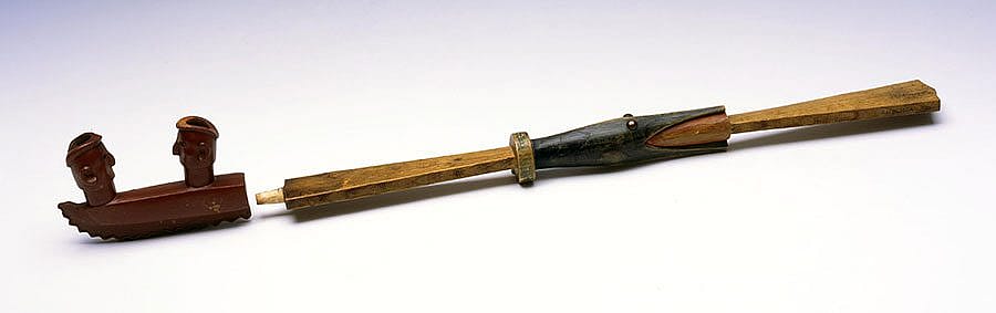 Pipe Bowl and Stem. Lakota (Sioux), Northern Plains, ca. 1865. Pipestone (catlinite), wood, pigment, brass tacks. Adolf Spohr Collection, Gift of Larry Sheerin. NA.504.125
