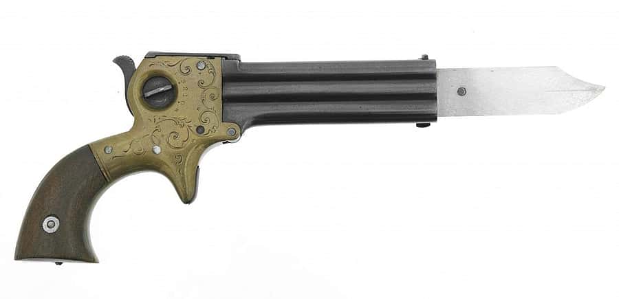 Marston Three-Barrel Derringer, Retractable Knife Blade Model, .22 rimfire. Gift of Olin Corporation, Winchester Arms Collection, 1988.8.71