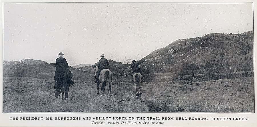 The President, Mr. Burroughs and "Billy" Hofer on the Trail from Hell Roaring to Stern Creek. 1903, The Illustrated Spring News.