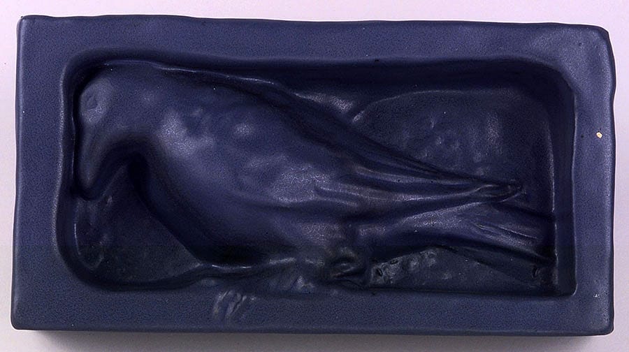 Sharp's "rook" sculpture by Rookwood Pottery, ca. 1902. Architectural clay, matte blue glaze, height 6 inches. 19.00.283
