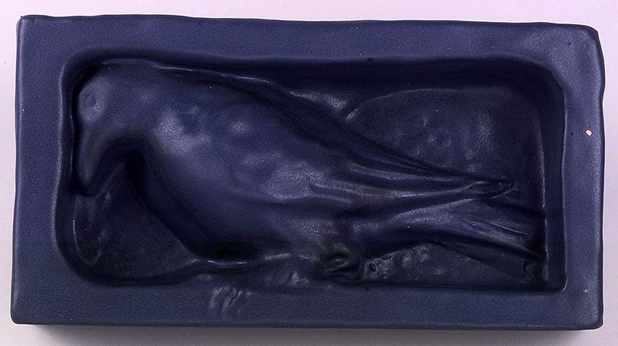Sharp's "rook" sculpture by Rookwood Pottery, ca. 1902. Architectural clay, matte blue glaze, height 6 inches. 19.00.283