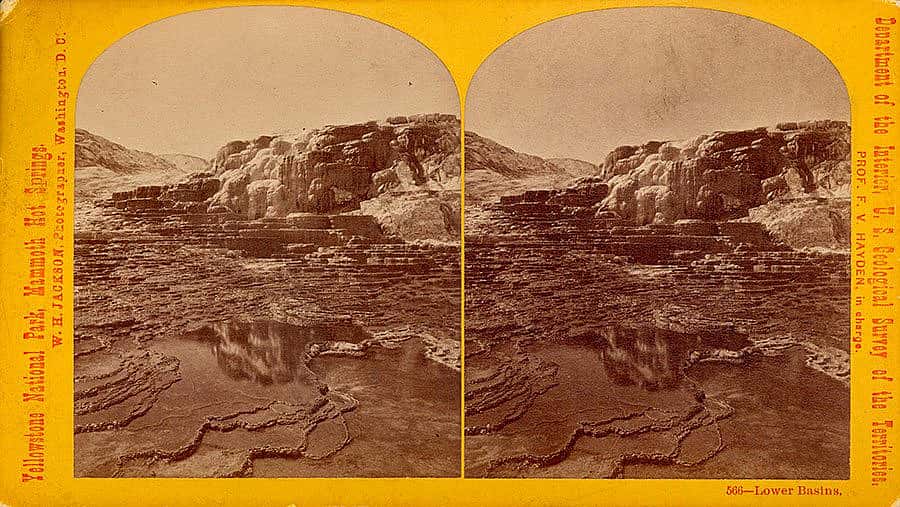 Stereoview of Yellowstone National Park's Mammoth Hot Springs by William Henry Jackson. MS21 Yellowstone National Park Collection. ST.21.8