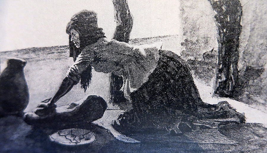 (Fig. 3) Frederic Remington (1861 - 1909). "Woman Grinding on the Metate," "Harper's Monthly" illustration, July 1890. Reproduction courtesy the author. 