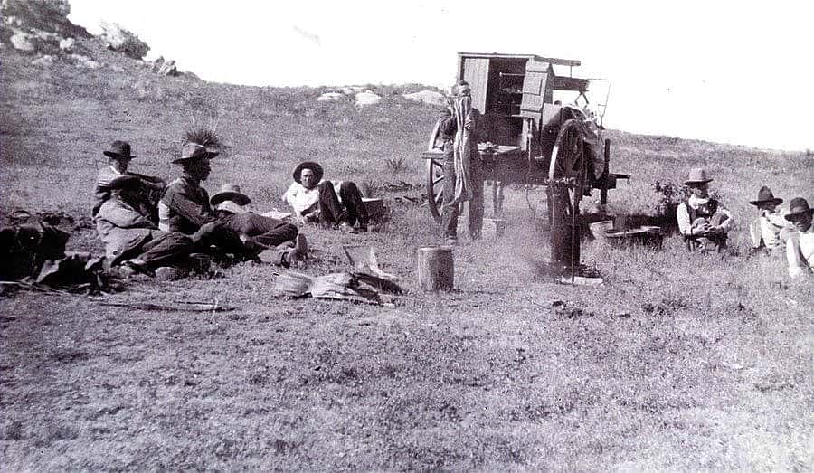 N.C. Wyeth (1882-1945). "Mooney-Cook, Jim Peterson. Dale Middlemist (men around chuck-wagon)," October 1904. Photograph courtesy Colorado Historical Society. F26,272