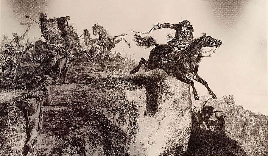 "Pursued by Indians," 1852, signed 1889. After J.F. Millet and Karl Bodmer. Lithograph. Miriam and Ira D. Wallach Division of Art, Prints and Photographs of the New York Public Library: Astor, Lenox and Tilden Foundations.