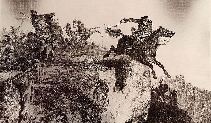 "Pursued by Indians," 1852, signed 1889. After J.F. Millet and Karl Bodmer. Lithograph. Miriam and Ira D. Wallach Division of Art, Prints and Photographs of the New York Public Library: Astor, Lenox and Tilden Foundations.