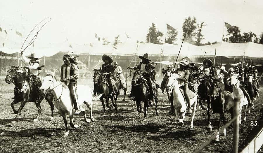 Cowboys and Indians in Wild West arena, ca. 1900. Photo by Burke and Karetke, Chicago. MS 47 David R. Phillips Collection, McCracken Research Library. PN.47.23. Frank Hopkins claimed to be a Wild West performer.