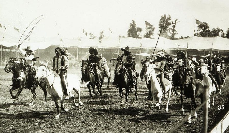 Cowboys and Indians in Wild West arena, ca. 1900. Photo by Burke and Karetke, Chicago. MS 47 David R. Phillips Collection, McCracken Research Library. PN.47.23. Frank Hopkins claimed to be a Wild West performer.