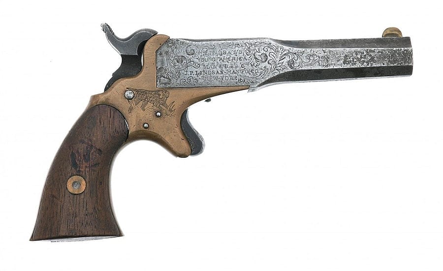 The Lindsay Two-Shot Young American Pocket Pistol. .41 caliber. Gift of Olin Corporation, Winchester Arms Collection. 1988.8.3254