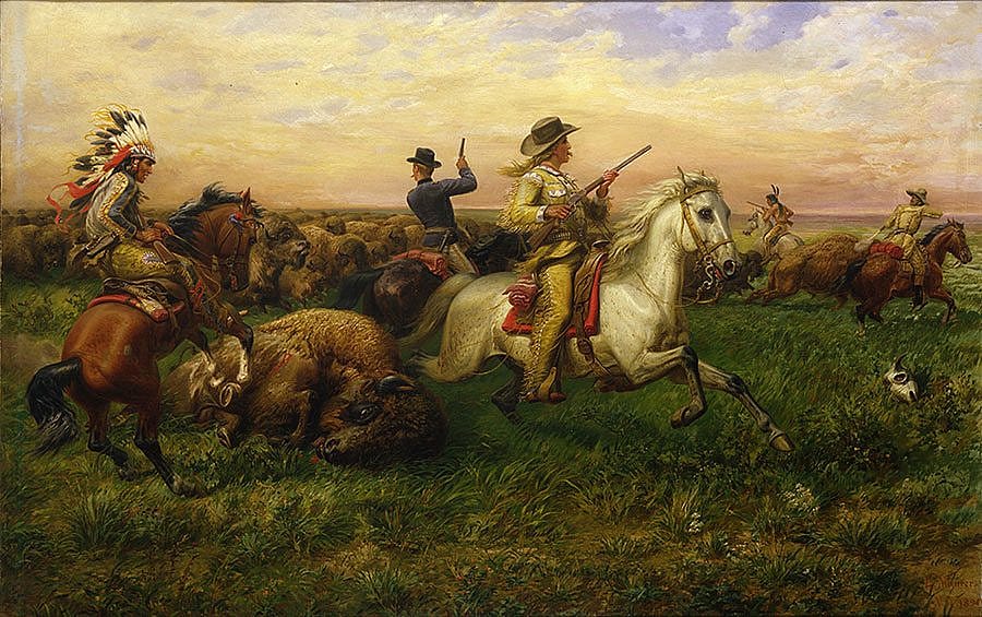 Louis Maurer (1832-1932). "The Great Royal Buffalo Hunt," 1894. Oil on canvas, 34 1/8 x 54 in. Gift of Mr. and Mrs. Ernest J. Goppert. 7.66