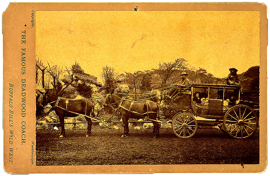 One wonders if fact became legend or vice versa with Cody's Wild West - such as the action-packed drama around the "famous" Deadwood stagecoach, here pictured in the show, ca. 1900. Buffalo Bill claimed the coach was a refurbished stagecoach that had indeed been robbed on the Cheyenne - Deadwood route, later attacked by Indians, and then abandoned alongside the trail where he reclaimed it. Gift of Mr. and Mrs. George Strobel. P.6.59