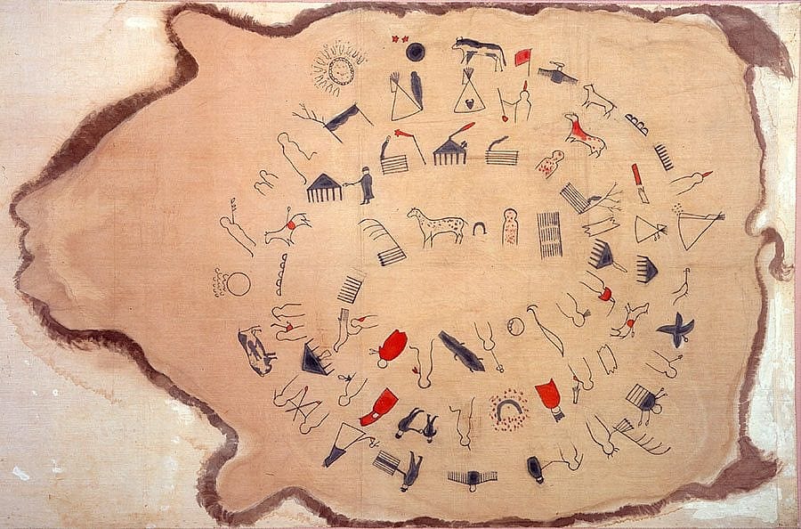 This winter count records significant events in the lives of the Lakota of Fort Peck, Montana, from 1800 to 1871. Numerous instances of epidemics appear, as diseases such as smallpox, cholera, measles and others devastated Native populations since the time of Columbus. Lone Dog's winter count. NA.702.5