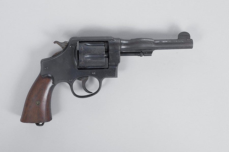 Smith & Wesson Model 1917 Revolver with barrel blown up. Gift of the Robert W. Woodruff Estate. 1987.2.15