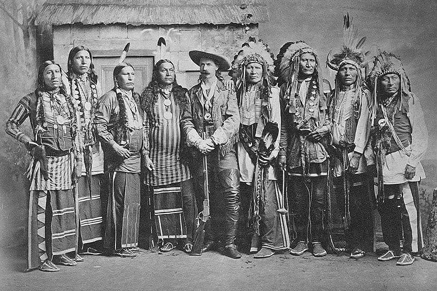 Buffalo Bill and eight Indian scouts, ca. 1886. Anderson Cabinet photograph. MS 6 William F. Cody Collection, McCracken Research Library. P.69.1800