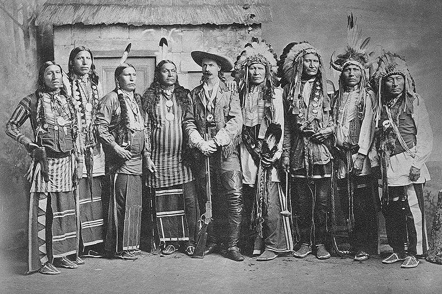 Buffalo Bill and eight Indian scouts, ca. 1886. Anderson Cabinet photograph. MS 6 William F. Cody Collection, McCracken Research Library. P.69.1800