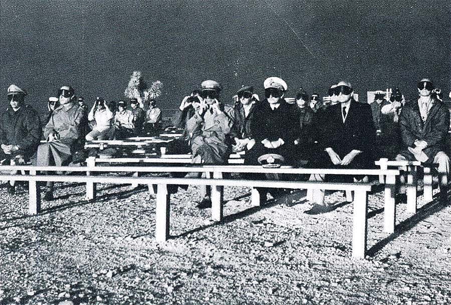 NATO observers watch the Boltzmann test, part of the Plumbbob test series, on May 28, 1957, at the Nevada Testing Site. Photo courtesy National Nuclear Security Administration / Nevada Site Office. PLU-57-028