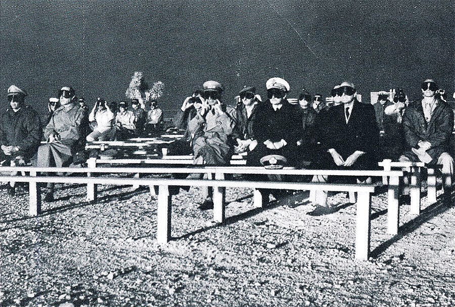 NATO observers watch the Boltzmann test, part of the Plumbbob test series, on May 28, 1957, at the Nevada Testing Site. Photo courtesy National Nuclear Security Administration / Nevada Site Office. PLU-57-028