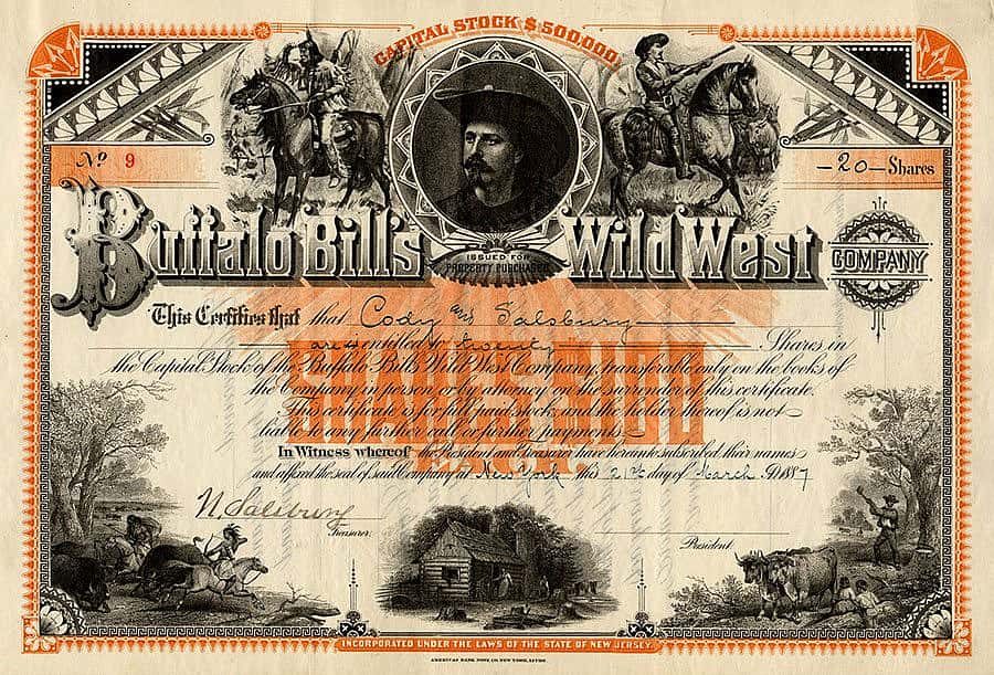 William F. Cody traveled all over the U.S. and Europe with his Wild West. This is stock certificate number 9 from a book of certificates for Buffalo Bill's Wild West Co. containing the original certificates of stock numbered 1-250 and issued in 1887 to William F. Cody, Nathan Salsbury and others. MS 6 William F. Cody Collection. MS6.5.OS1.01.228a
