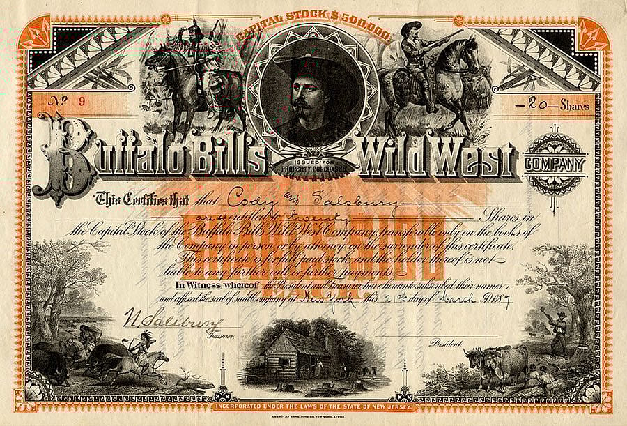 William F. Cody traveled all over the U.S. and Europe with his Wild West. This is stock certificate number 9 from a book of certificates for Buffalo Bill's Wild West Co. containing the original certificates of stock numbered 1-250 and issued in 1887 to William F. Cody, Nathan Salsbury and others. MS 6 William F. Cody Collection. MS6.5.OS1.01.228a
