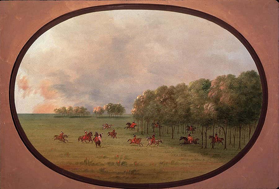 George Catlin (1796-1872). "An 'Oak Opening', Mouth of the Platte, with a party of Indians playing on horseback," ca. 1855-1870.  Oil on paperboard. Gift of Paul Mellon. 29.86