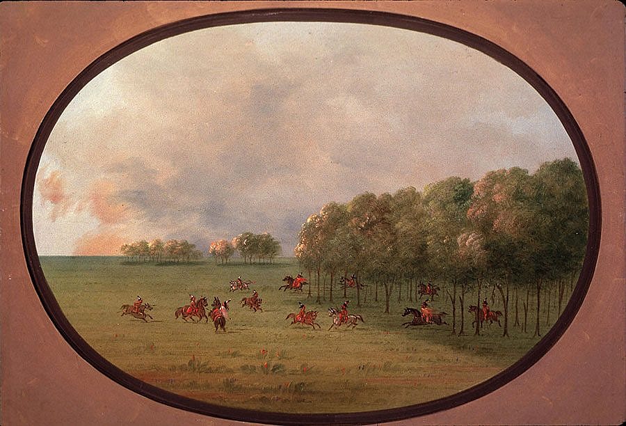 "Online George Catlin (1796-1872). "An 'Oak Opening', Mouth of the Platte, with a party of Indians playing on horseback," ca. 1855-1870. Oil on paperboard. Gift of Paul Mellon. 29.86