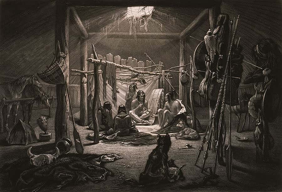 Karl Bodmer (1809 - 1893). "The interior of the Hut of a Mandan Chief," 1840 - 1843. Aquatint print. Gift of Clara S. Peck. 21.69.19