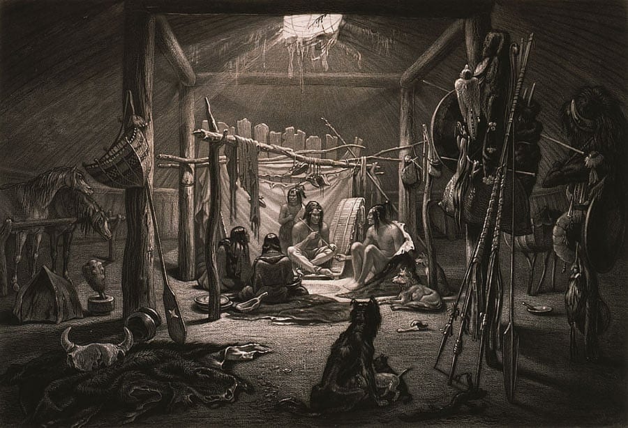Karl Bodmer (1809 - 1893). "The interior of the Hut of a Mandan Chief," 1840 - 1843. Aquatint print. Gift of Clara S. Peck. 21.69.19