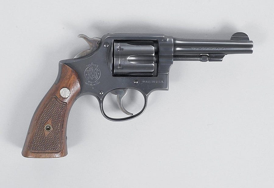 Prior to the widespread switch to semi-autos, many police departments carried .38 revolvers, much like this S&W. Gift of Janet Jerome and daughters in memory of John K. Jerome. 1999.17.199
