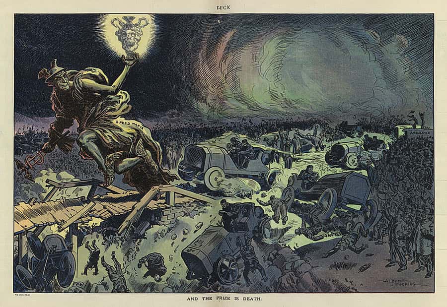 Two years after Henry Ford introduced the Model T, this illustration, "And the prize is death," October 26, 1910, strikes at a new menace on the road: reckless drivers. LC-DIG-ppmsca-27679