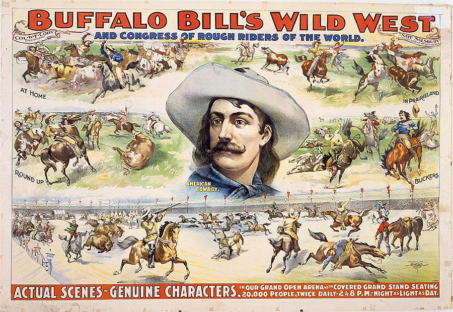 Cowboys were colorful main characters in Buffalo Bill's Wild West. This poster suggests that their dangerous and exciting stunts were based on real occupational hazards. 1.69.425